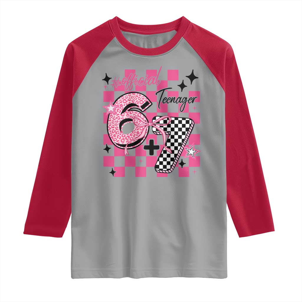 Funny 13th Birthday Official Teenager Raglan Shirt 6+7 13 Year Old Kids Girls Pink Checkered 67 Meme