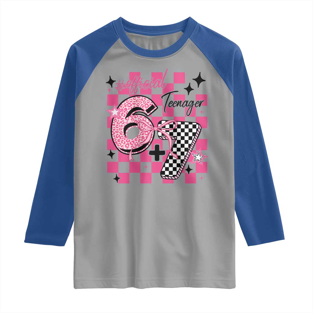 Funny 13th Birthday Official Teenager Raglan Shirt 6+7 13 Year Old Kids Girls Pink Checkered 67 Meme