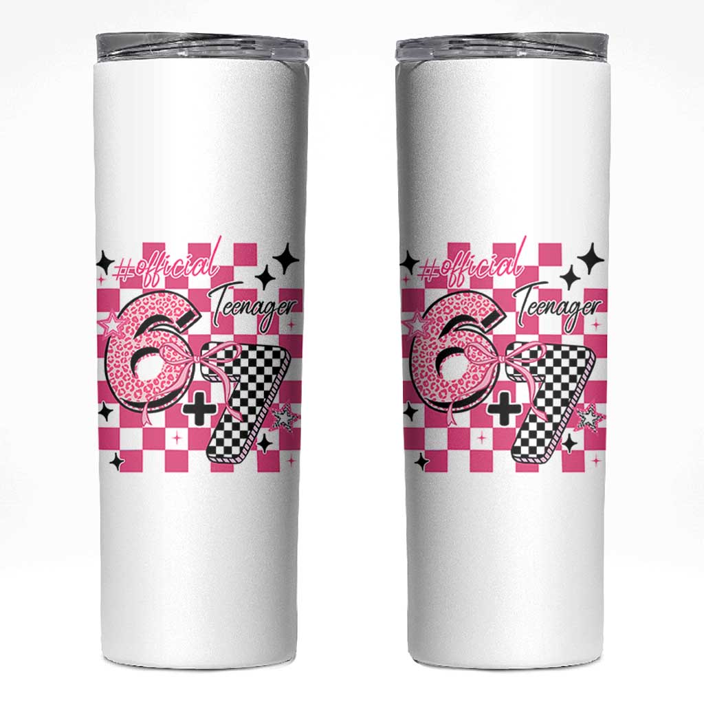 Funny 13th Birthday Official Teenager Skinny Tumbler 6+7 13 Year Old Kids Girls Pink Checkered 67 Meme
