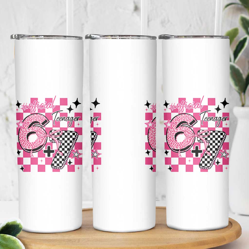 Funny 13th Birthday Official Teenager Skinny Tumbler 6+7 13 Year Old Kids Girls Pink Checkered 67 Meme
