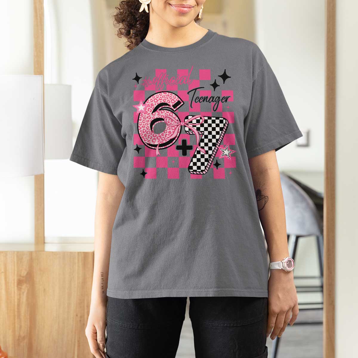 Funny 13th Birthday Official Teenager T Shirt For Women 6+7 13 Year Old Kids Girls Pink Checkered 67 Meme