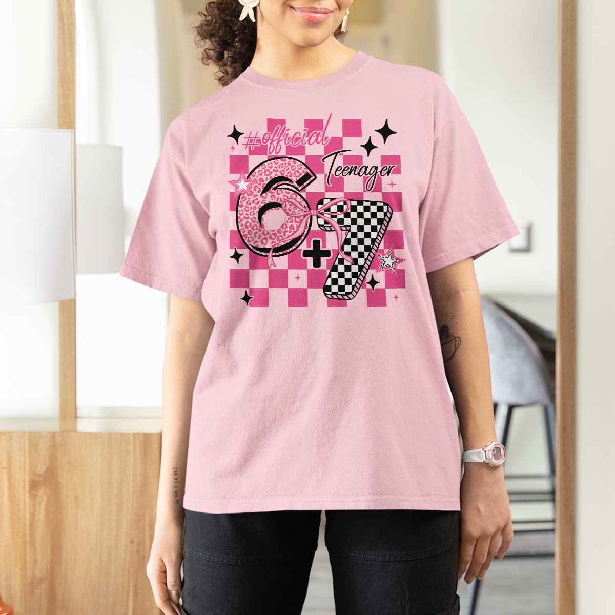 Funny 13th Birthday Official Teenager T Shirt For Women 6+7 13 Year Old Kids Girls Pink Checkered 67 Meme