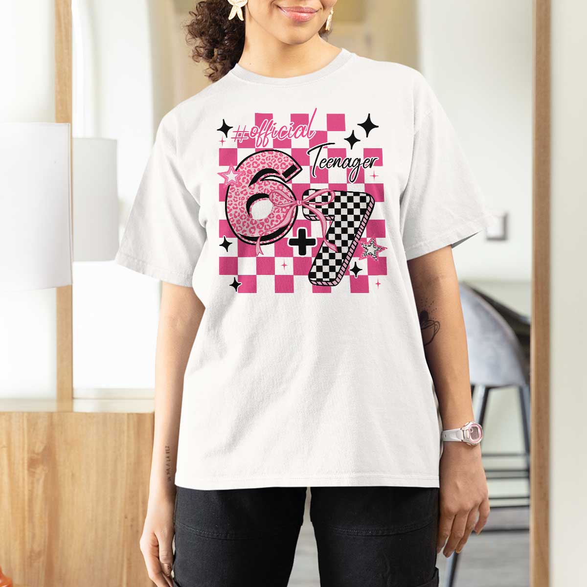 Funny 13th Birthday Official Teenager T Shirt For Women 6+7 13 Year Old Kids Girls Pink Checkered 67 Meme