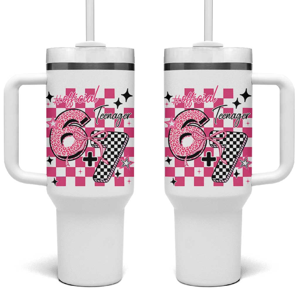 Funny 13th Birthday Official Teenager Tumbler With Handle 6+7 13 Year Old Kids Girls Pink Checkered 67 Meme