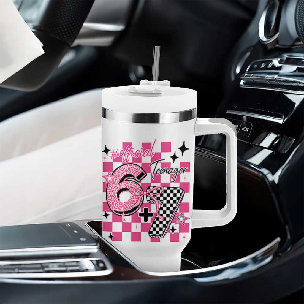 Funny 13th Birthday Official Teenager Tumbler With Handle 6+7 13 Year Old Kids Girls Pink Checkered 67 Meme