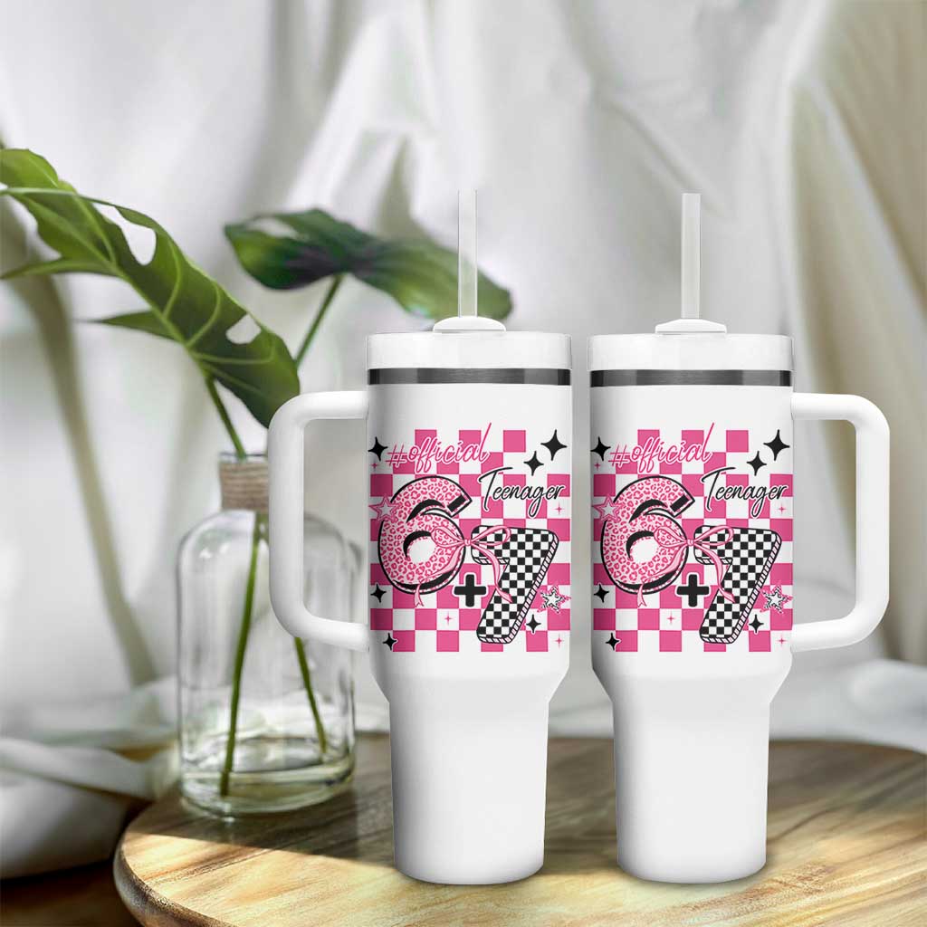 Funny 13th Birthday Official Teenager Tumbler With Handle 6+7 13 Year Old Kids Girls Pink Checkered 67 Meme