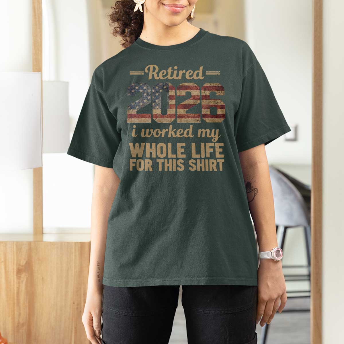 Retired 2026 T Shirt For Women Vintage Retirement US Flag I Worked My Whole Life