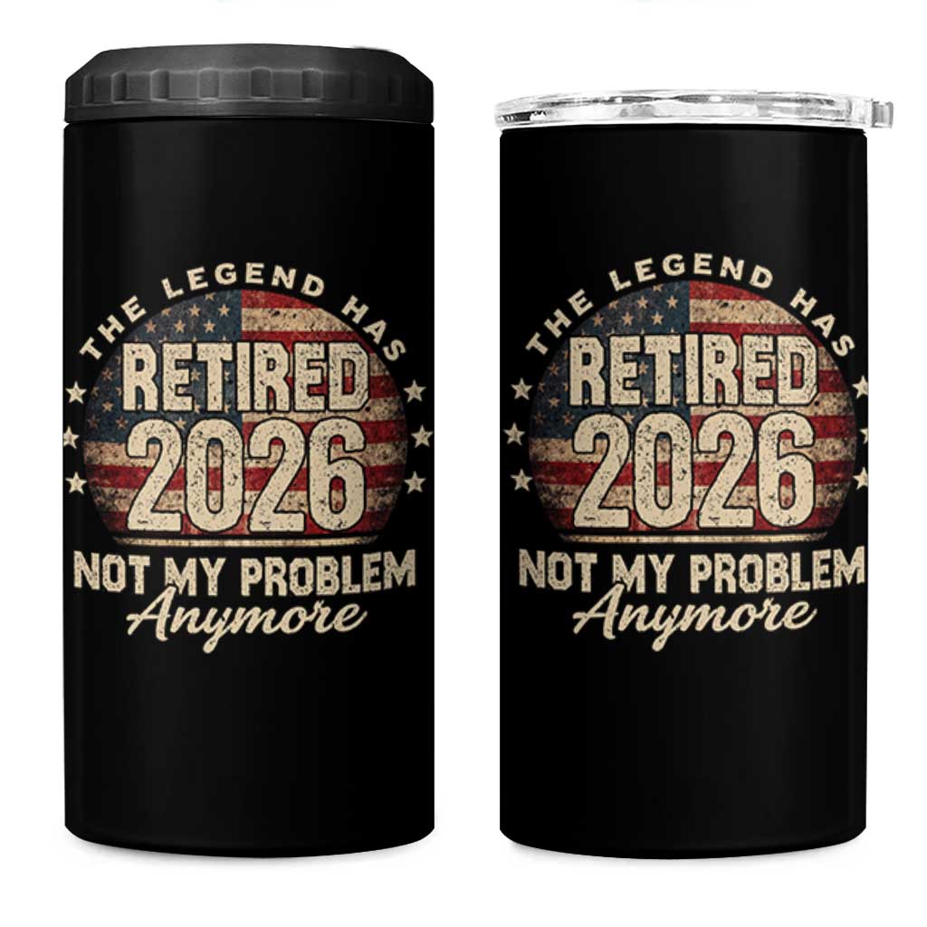 The Legend Has Retired 2026 4 in 1 Can Cooler Tumbler Funny Retirement USA Flag