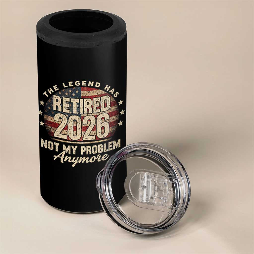 The Legend Has Retired 2026 4 in 1 Can Cooler Tumbler Funny Retirement USA Flag