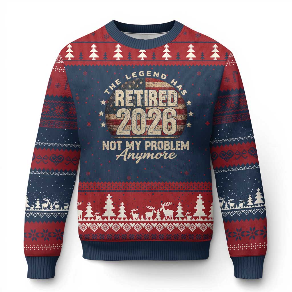 The Legend Has Retired 2026 Ugly Christmas Sweater Funny Retirement USA Flag