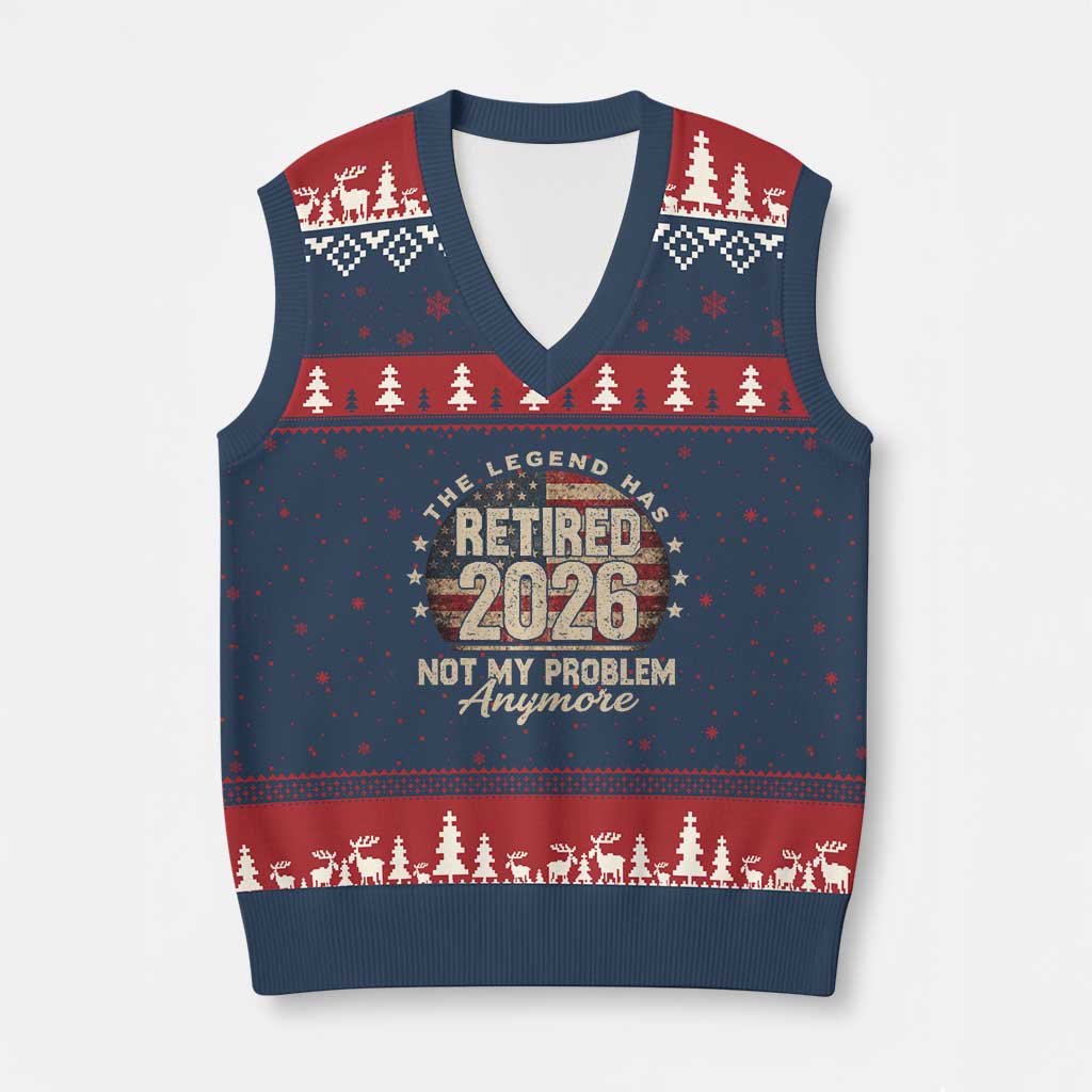 The Legend Has Retired 2026 V-Neck Knit Sweater Vest Funny Retirement USA Flag
