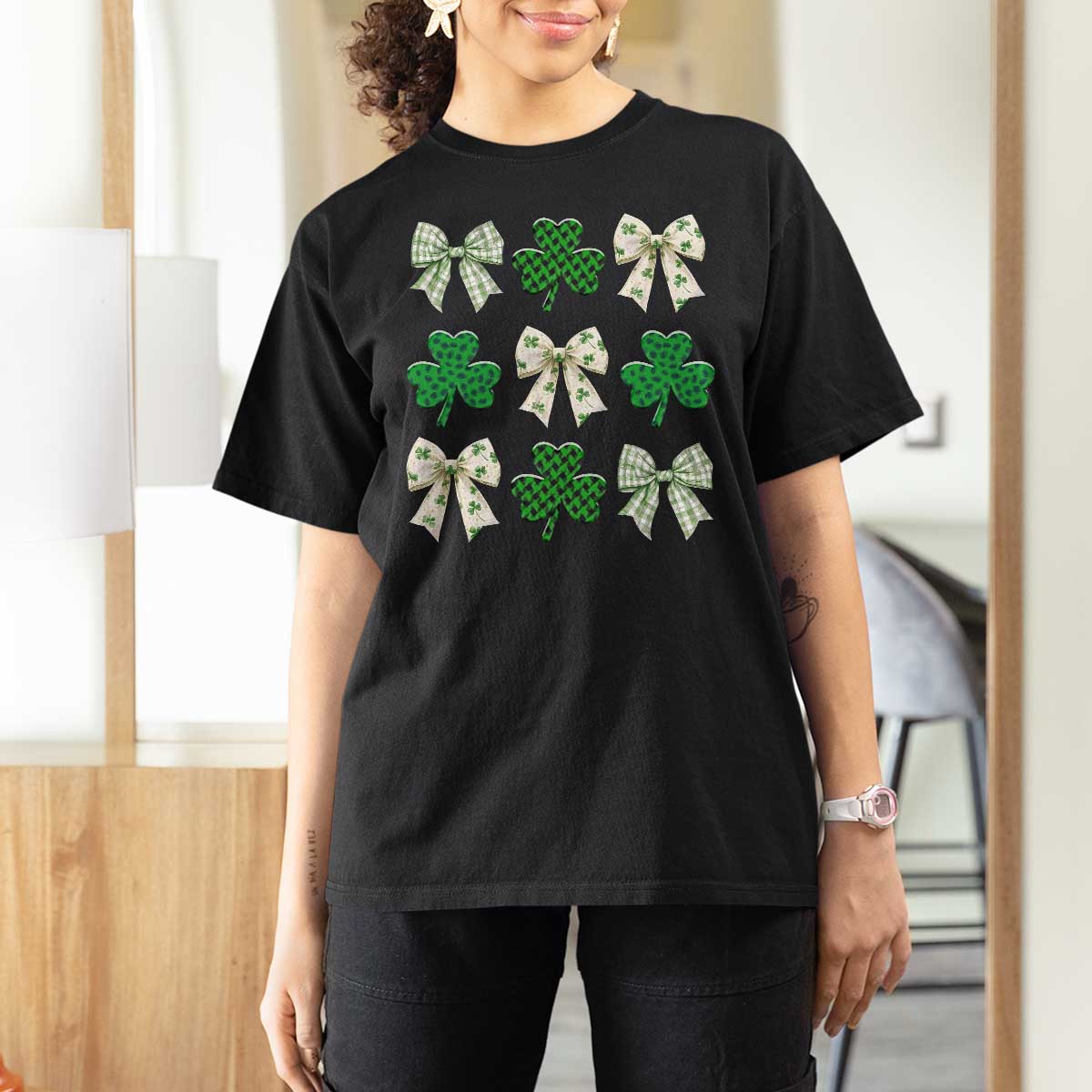 St Patricks Day Lucky Coquette T Shirt For Women Leopard Shamrocks Bow Irish Gift