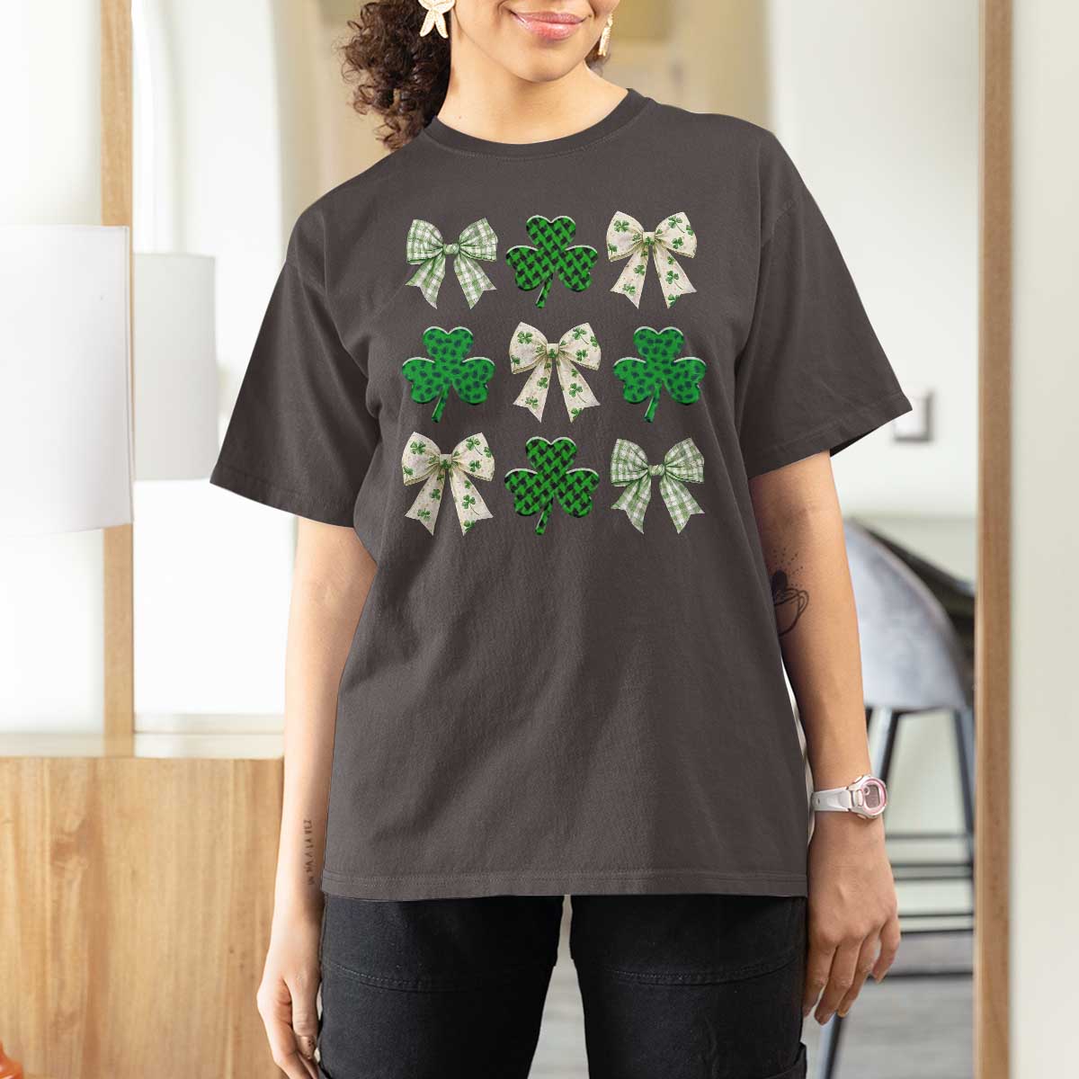 St Patricks Day Lucky Coquette T Shirt For Women Leopard Shamrocks Bow Irish Gift