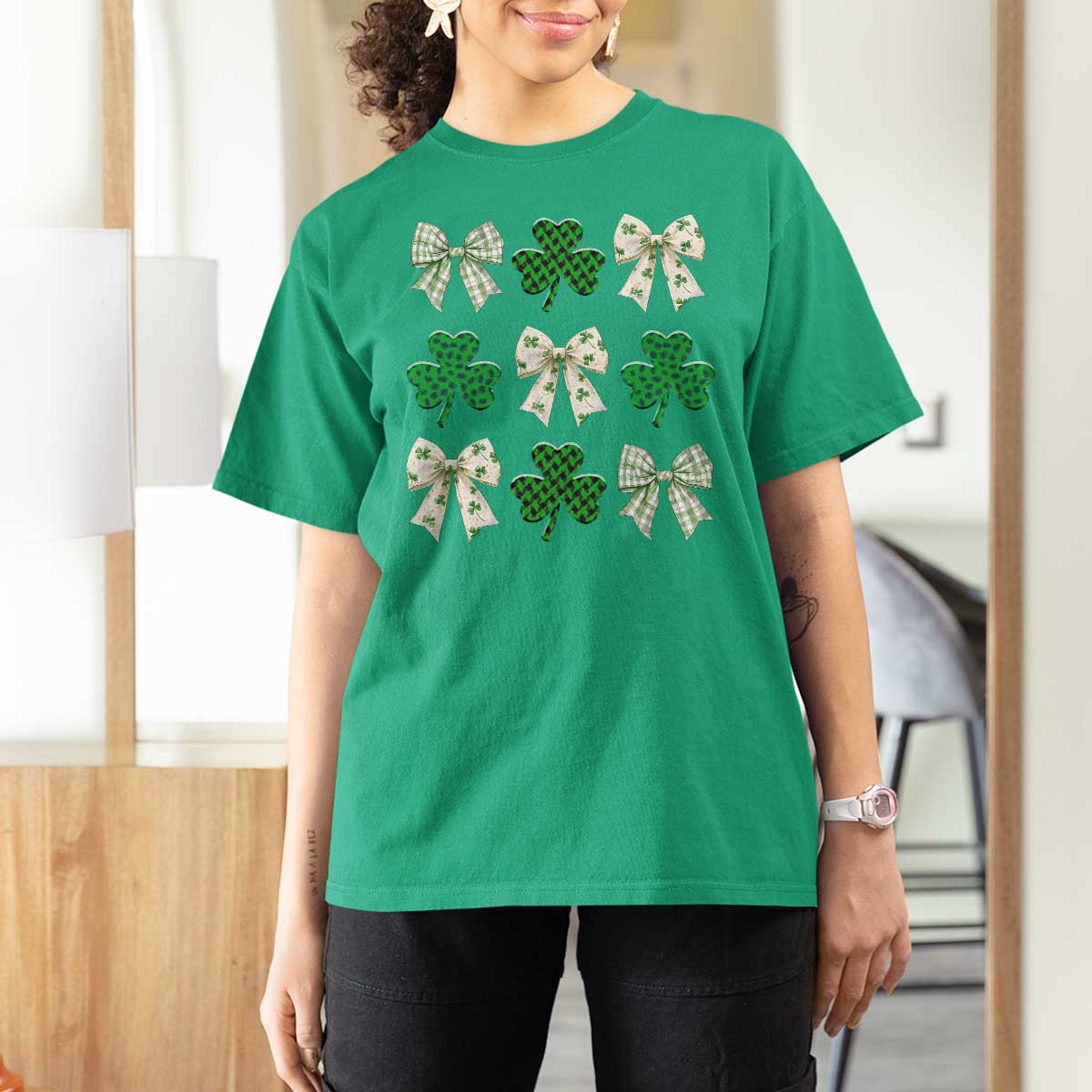 St Patricks Day Lucky Coquette T Shirt For Women Leopard Shamrocks Bow Irish Gift
