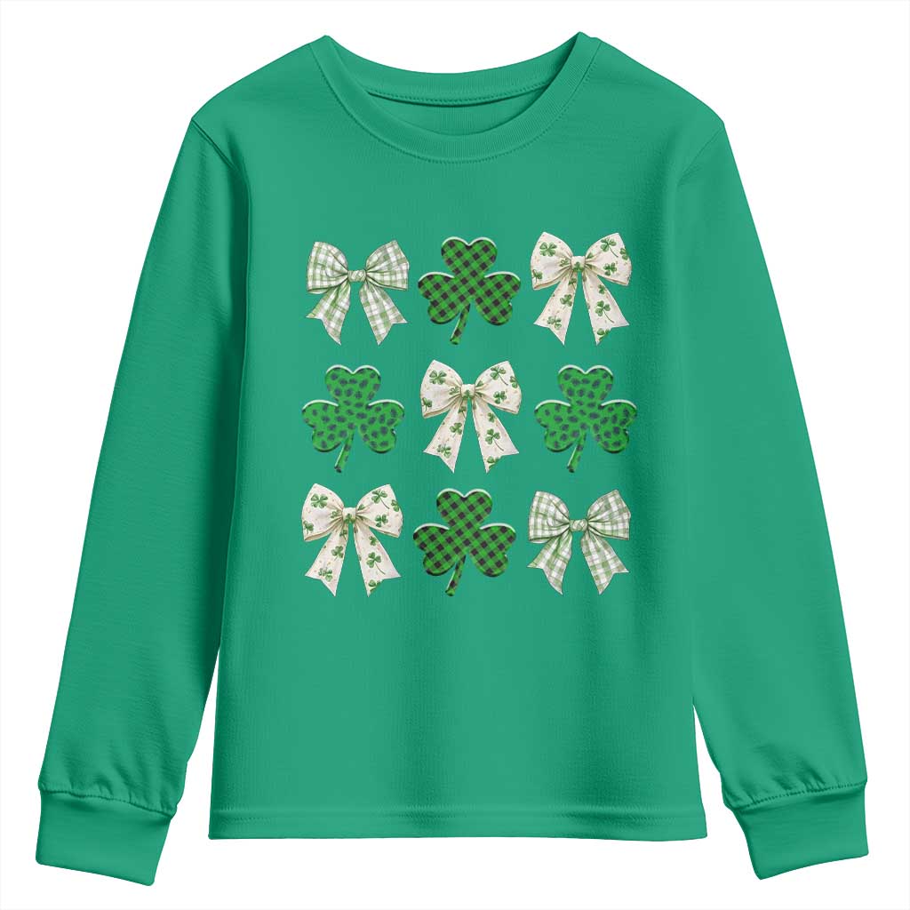 St Patricks Day Lucky Coquette Youth Sweatshirt Leopard Shamrocks Bow Irish Gift