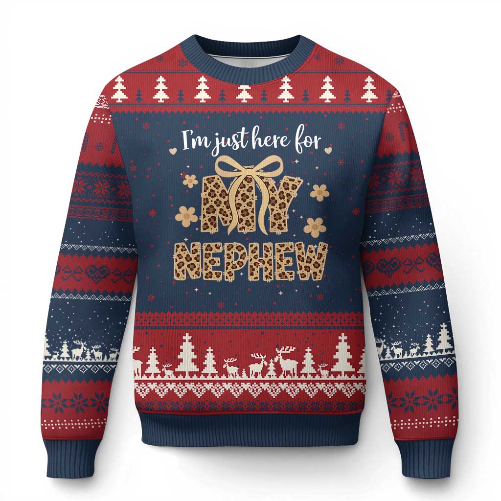 Im Just Here For My Nephew Ugly Christmas Sweater Gift For Aunt From Nephew Leopard