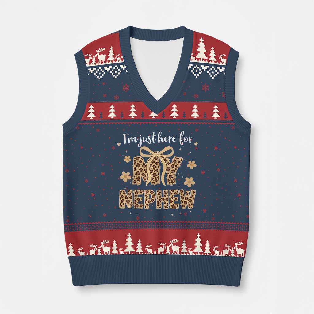 Im Just Here For My Nephew V-Neck Knit Sweater Vest Gift For Aunt From Nephew Leopard