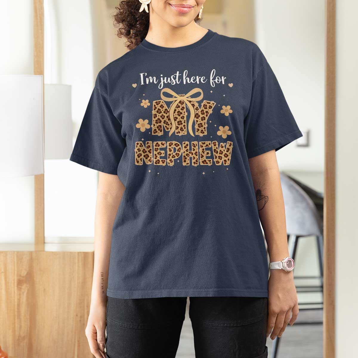 Im Just Here For My Nephew T Shirt For Women Gift For Aunt From Nephew Leopard