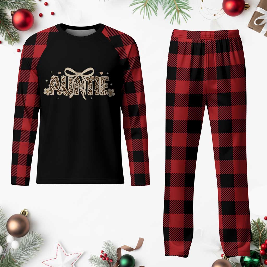 Leopard Auntie Plaid Pajama Set Coquette Bow Cute Gift For Aunt