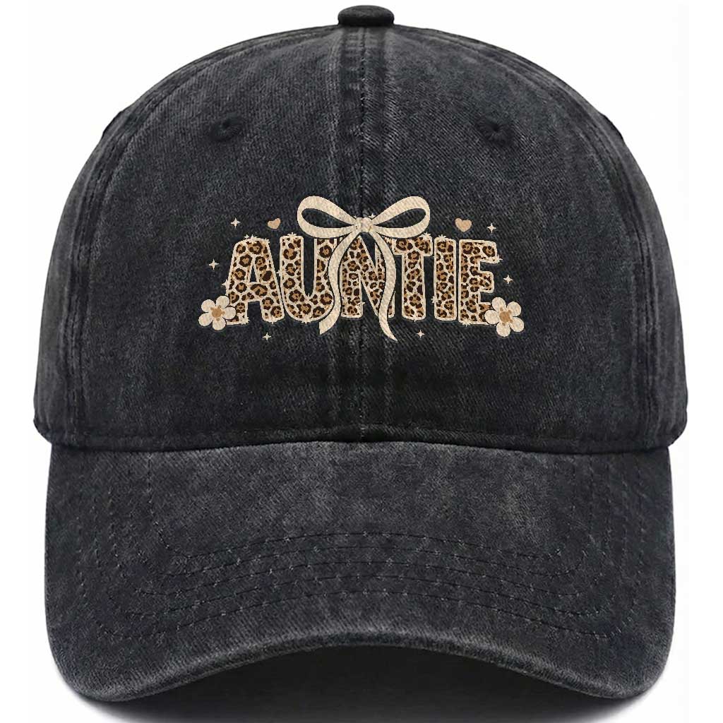Leopard Auntie Washed Cotton Baseball Cap Coquette Bow Cute Gift For Aunt