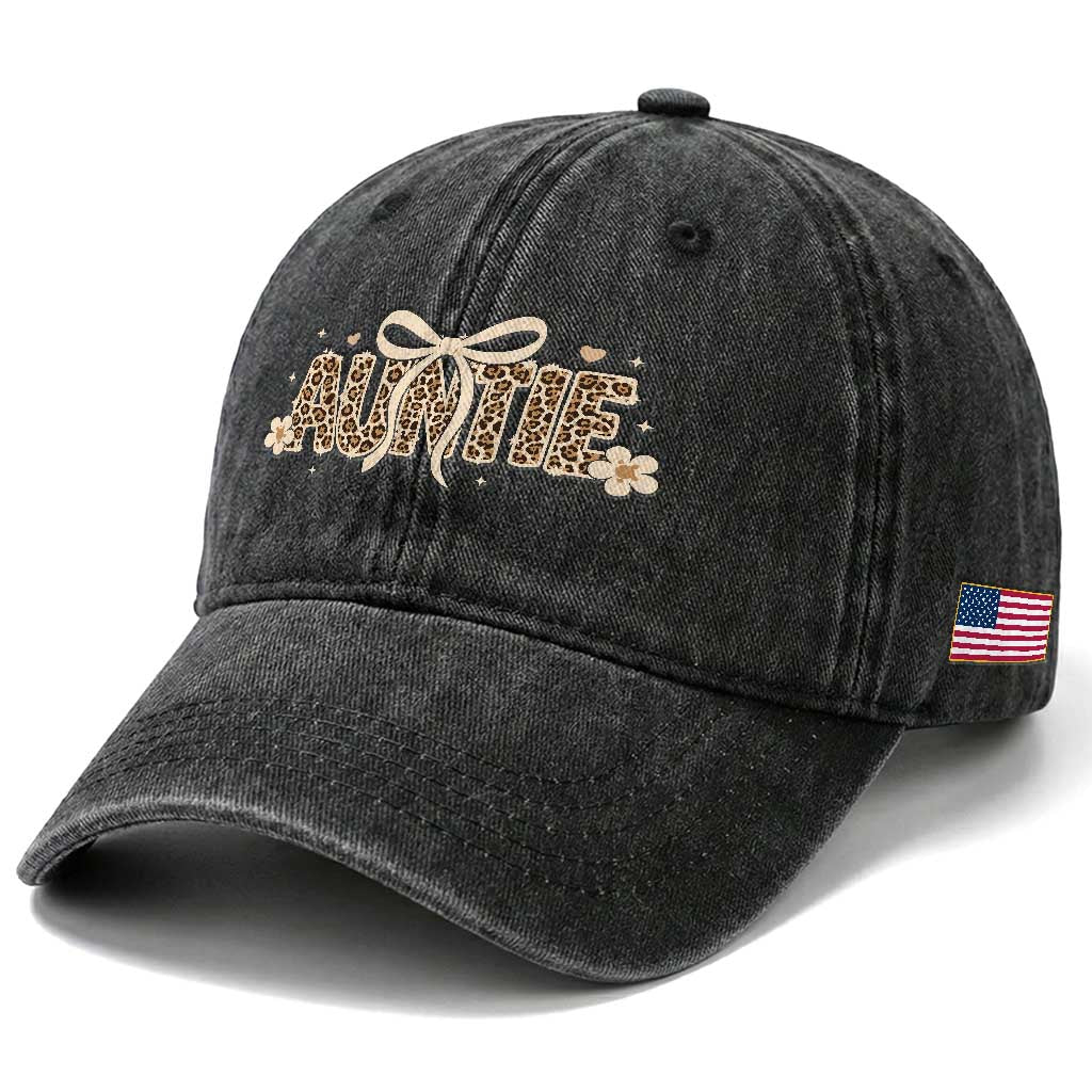 Leopard Auntie Washed Cotton Baseball Cap Coquette Bow Cute Gift For Aunt