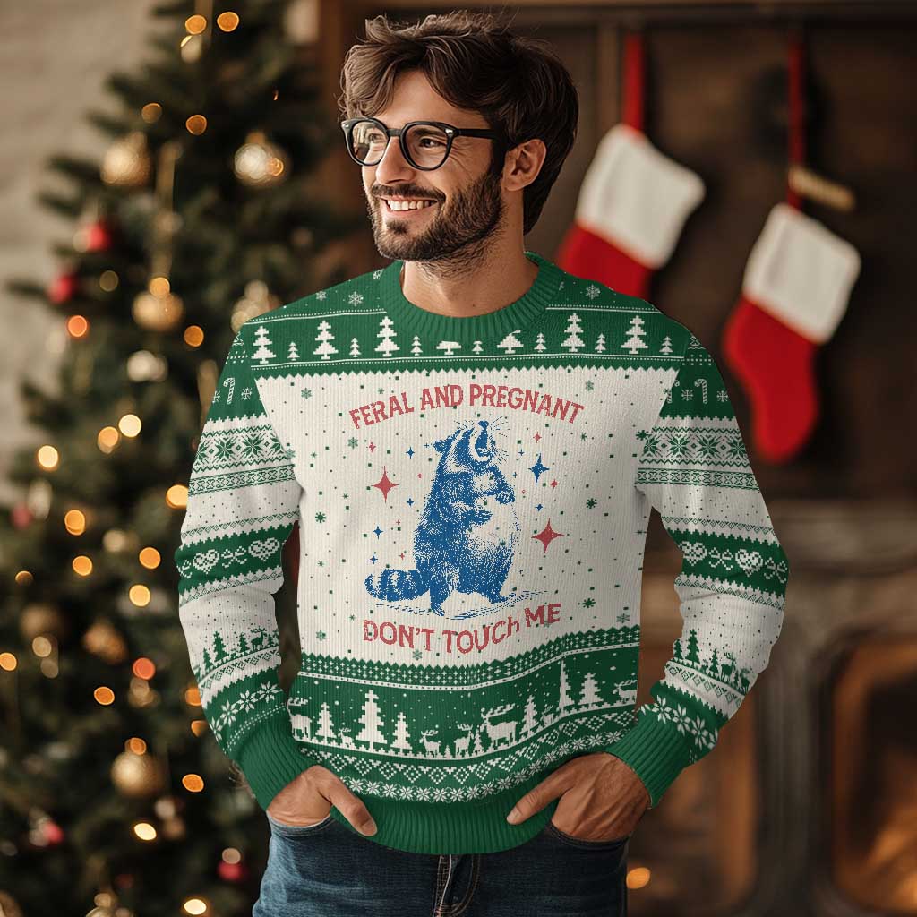 Pregnant Racoon Ugly Christmas Sweater Feral And Pregnant Dont Touch Me Pregnancy Humor