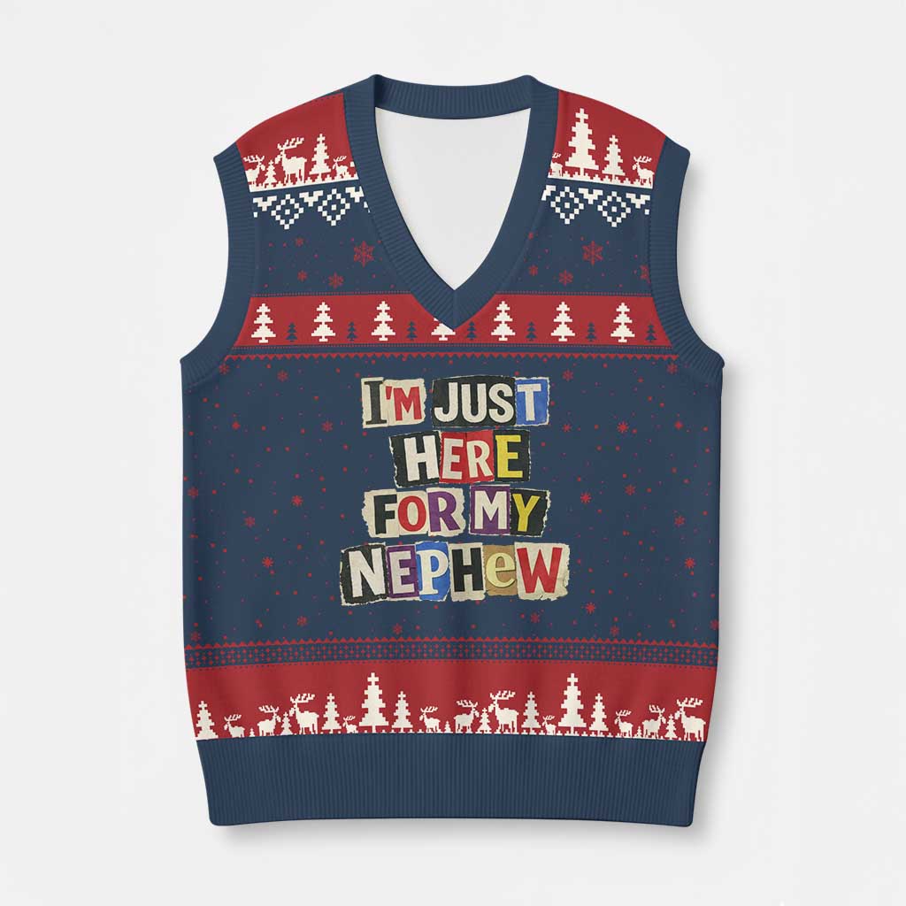 Im Just Here For My Nephew V-Neck Knit Sweater Vest Trendy Aunts Letter Print Vintage