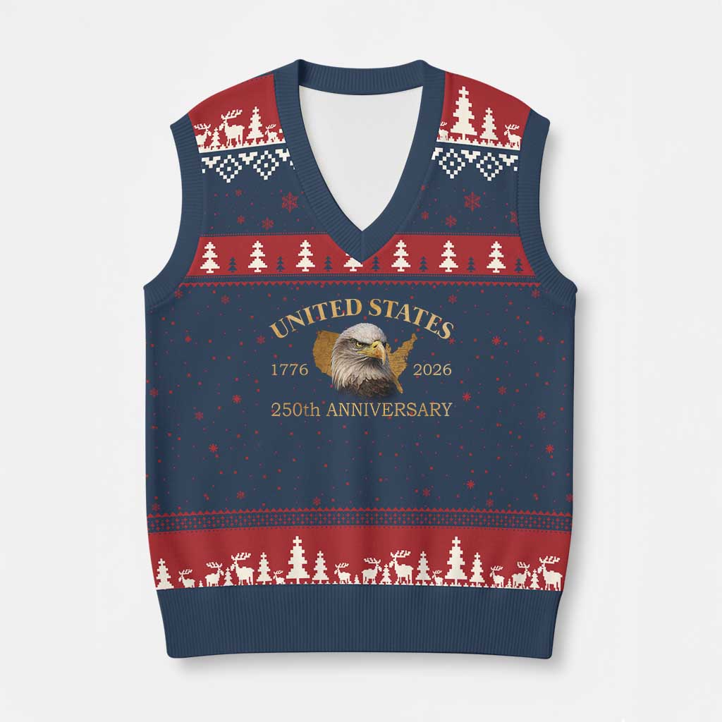 USA 250th Anniversary V-Neck Knit Sweater Vest American Map Patriotic 1776-2026 America 250