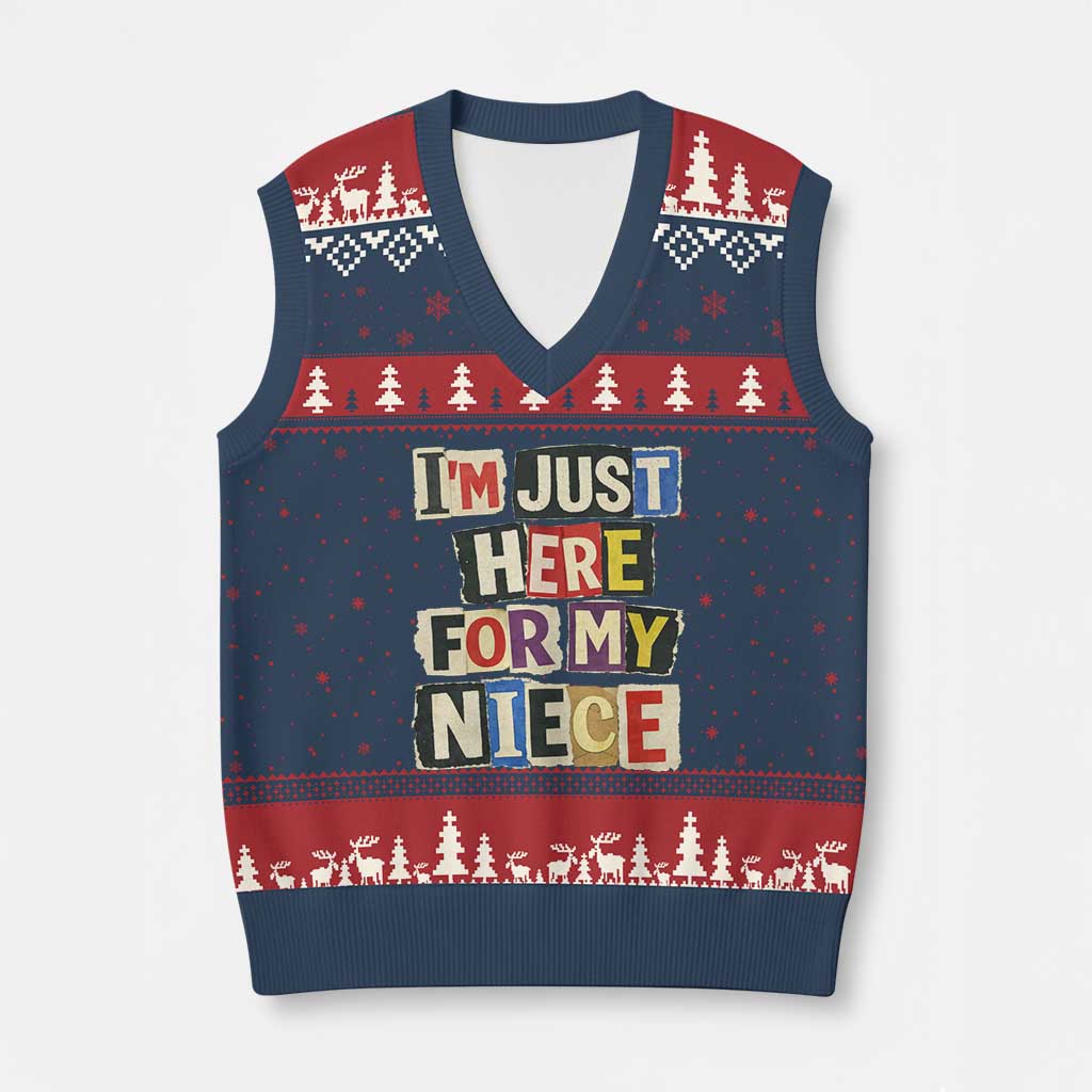 Im Just Here For My Niece V-Neck Knit Sweater Vest Trendy Aunts Letter Print Vintage