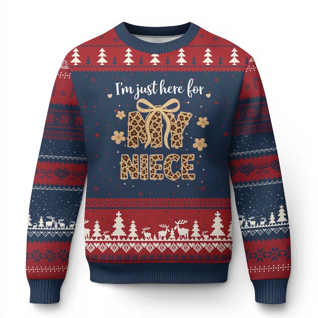 Im Just Here For My Niece Ugly Christmas Sweater Gift For Aunt From Niece Leopard