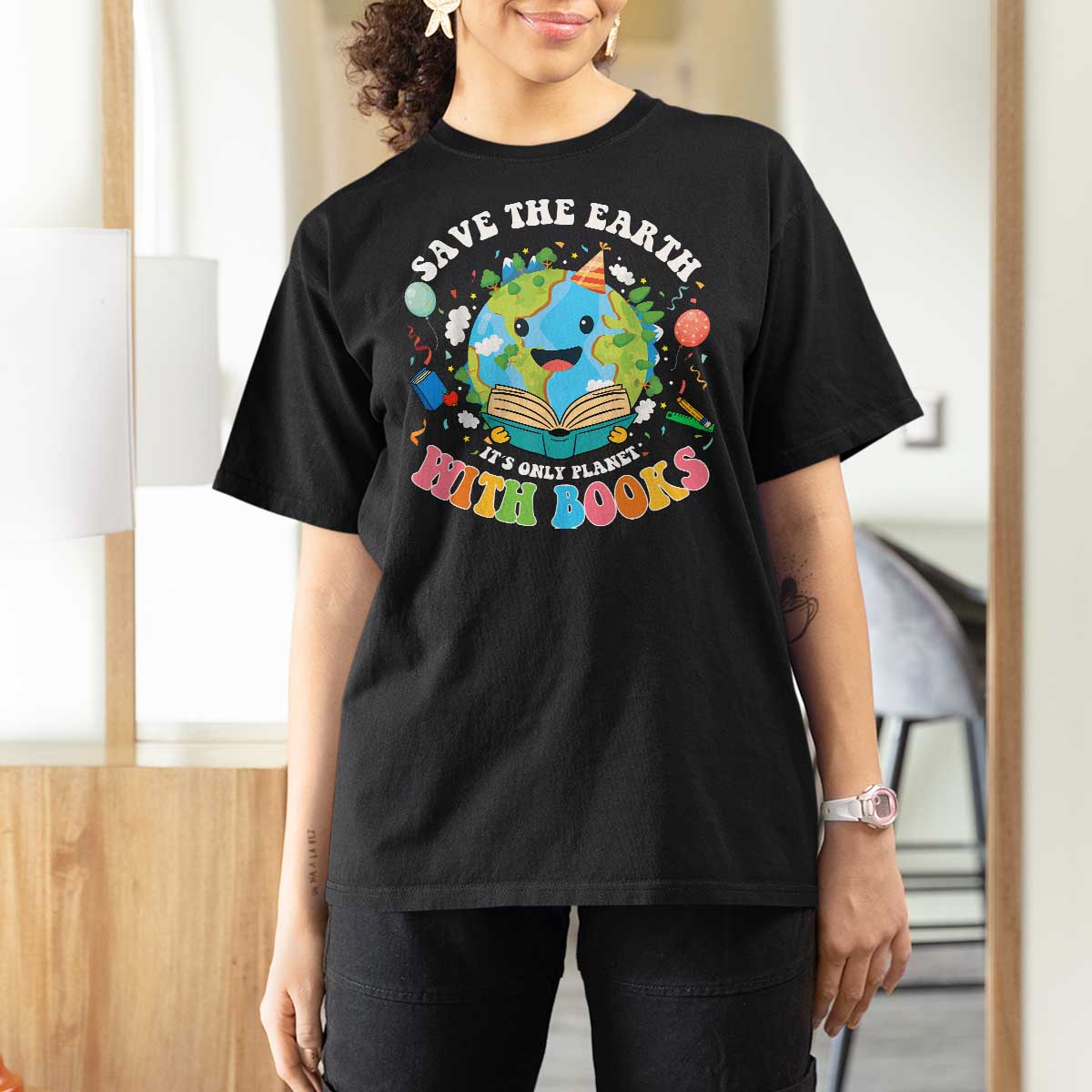Earth Day T Shirt For Women Save Earth Its Only Planet With Books Reader