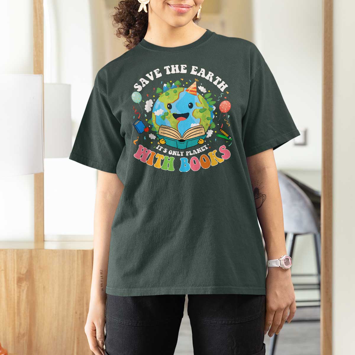 Earth Day T Shirt For Women Save Earth Its Only Planet With Books Reader