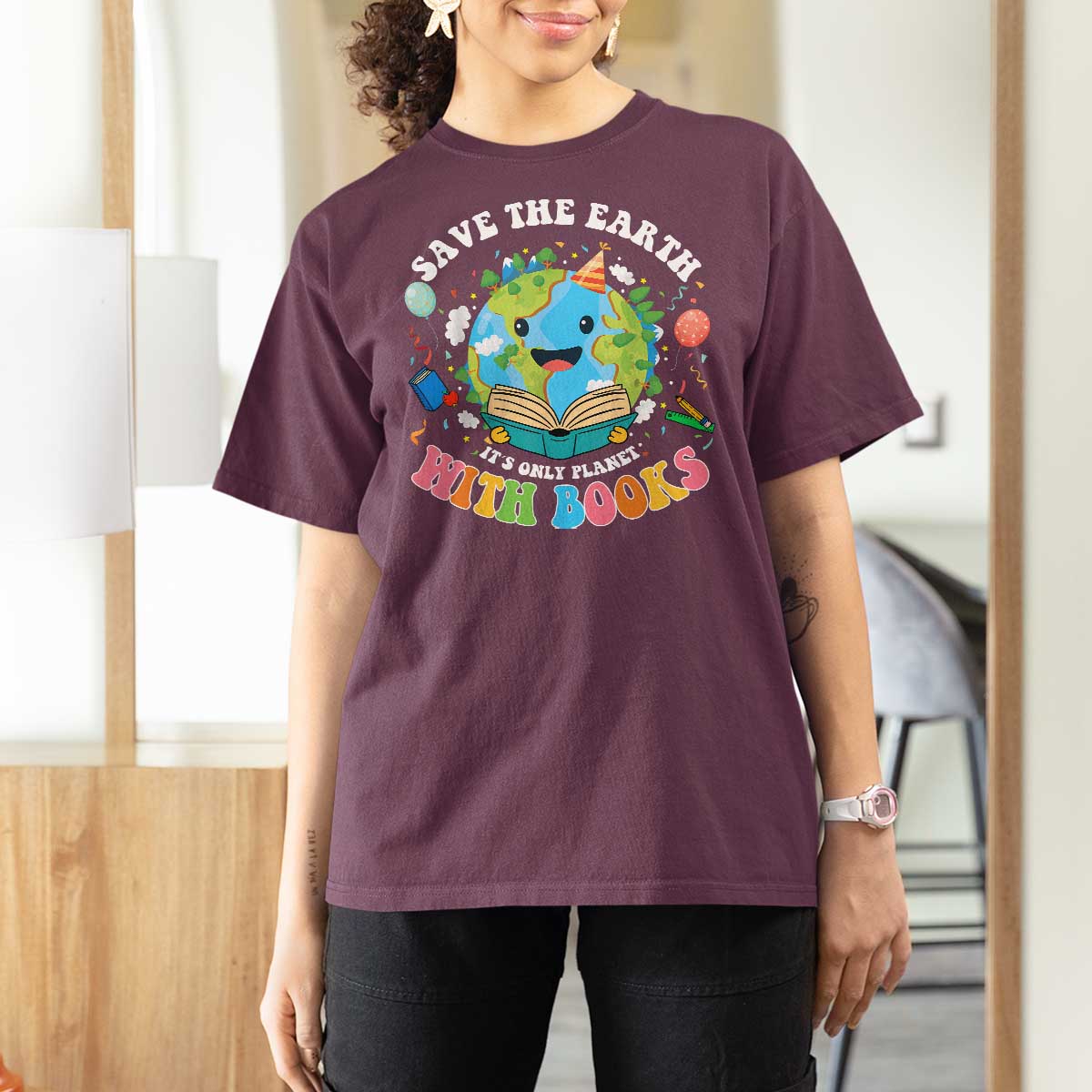 Earth Day T Shirt For Women Save Earth Its Only Planet With Books Reader
