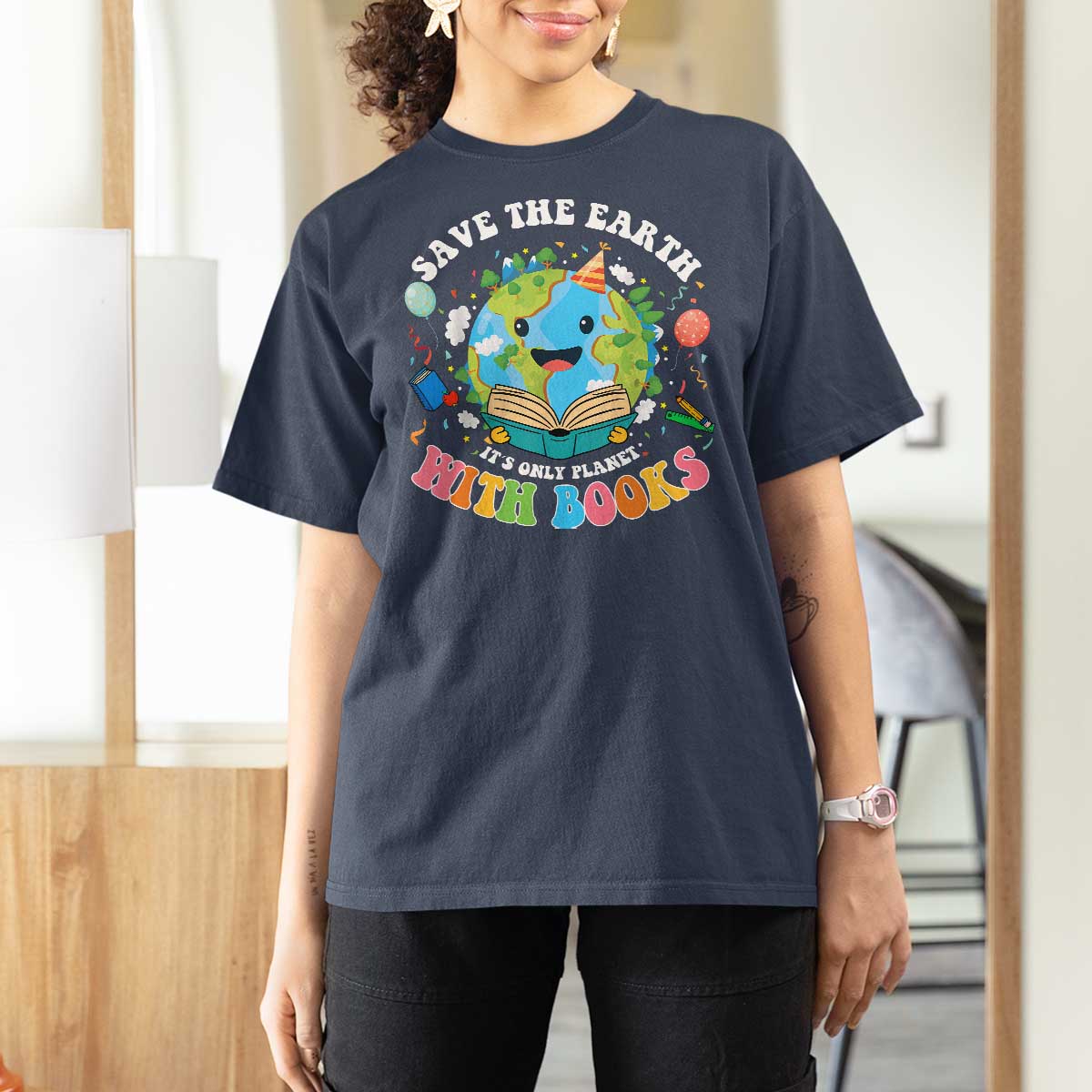 Earth Day T Shirt For Women Save Earth Its Only Planet With Books Reader