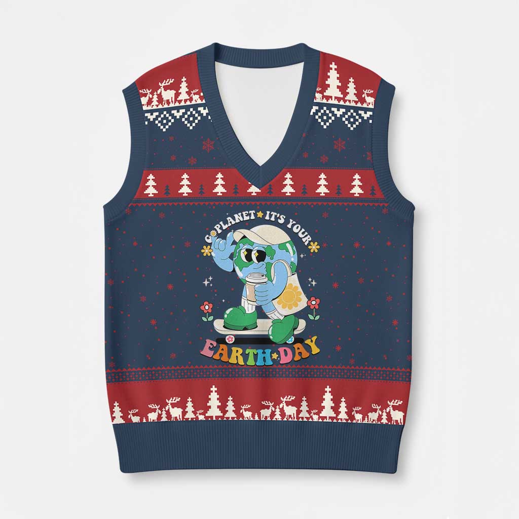 Earth Day V-Neck Knit Sweater Vest Cute Go Planet Its Your Earthday Groovy