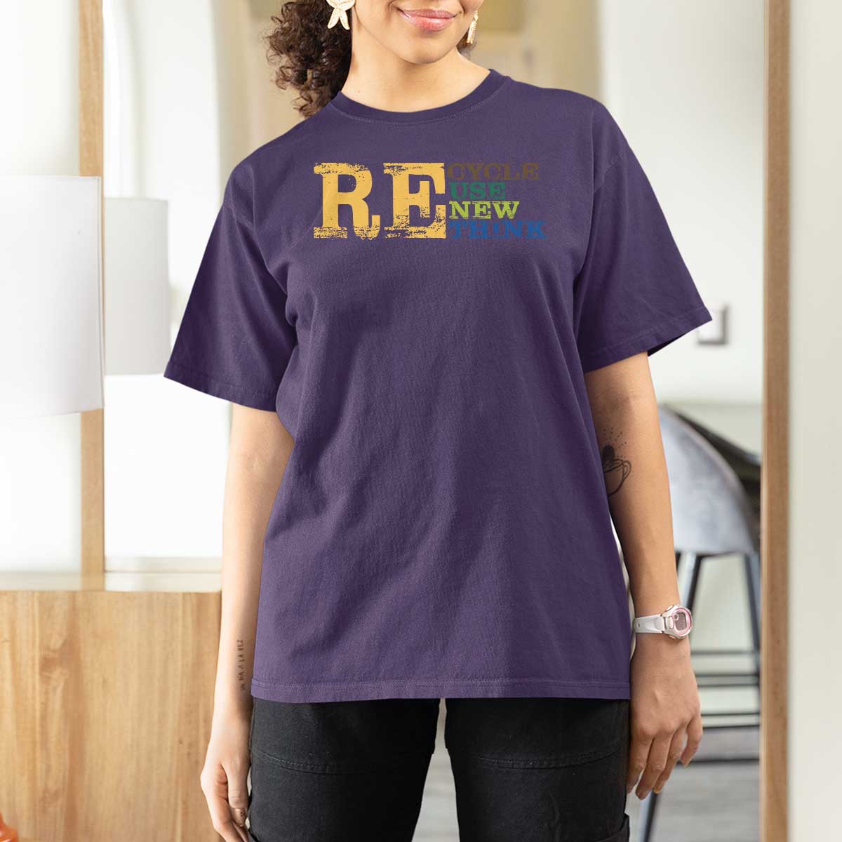 Retro Earth Day T Shirt For Women Recycle Reuse Renew Rethink Protect Earth