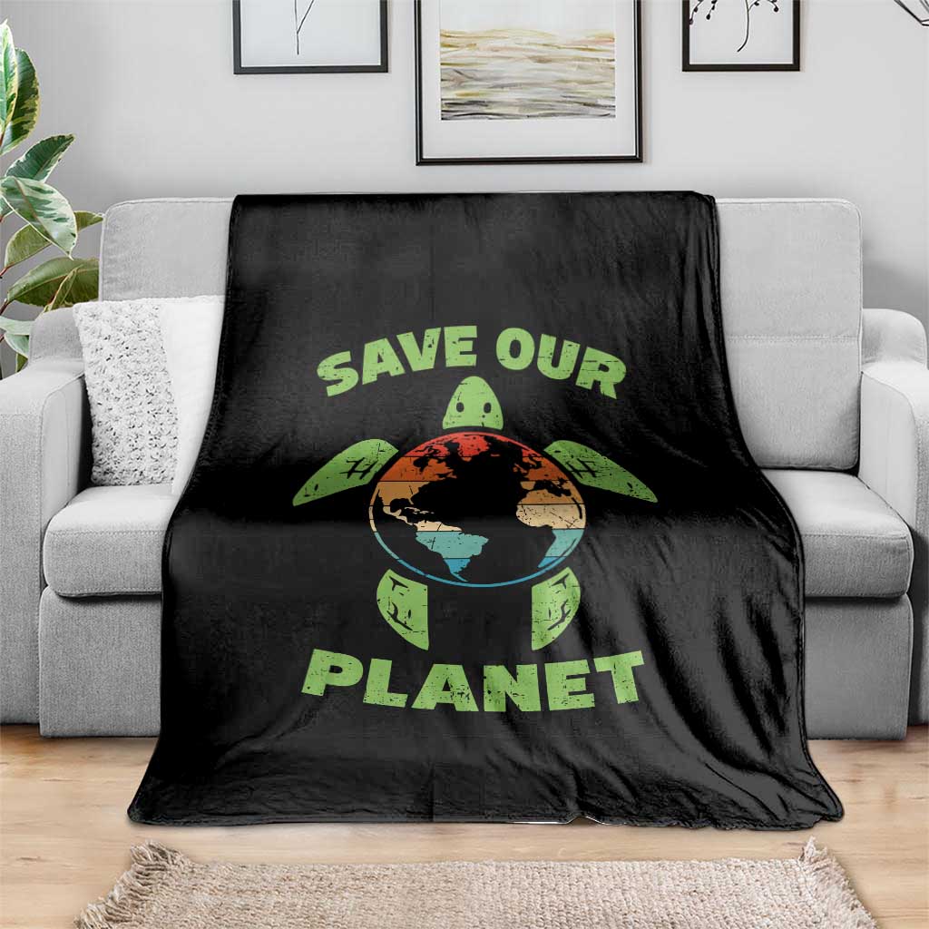 Retro Earth Day Throw Blanket Save Our Planet Sea Turtle Recycle Ocean Environment