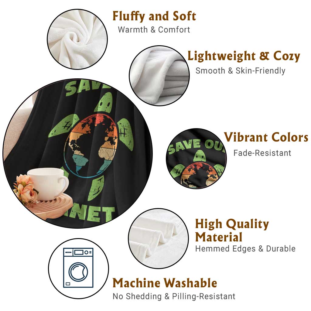 Retro Earth Day Throw Blanket Save Our Planet Sea Turtle Recycle Ocean Environment