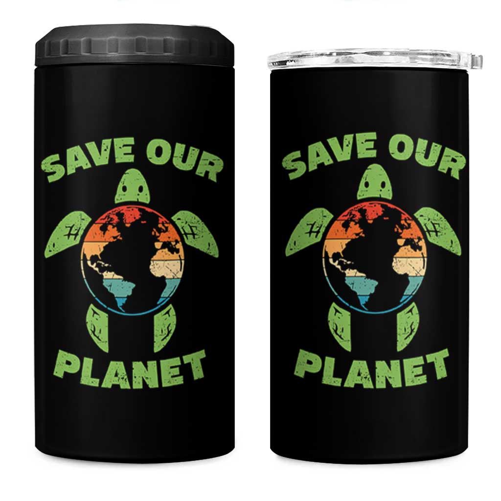 Retro Earth Day 4 in 1 Can Cooler Tumbler Save Our Planet Sea Turtle Recycle Ocean Environment