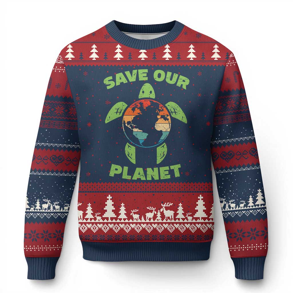 Retro Earth Day Ugly Christmas Sweater Save Our Planet Sea Turtle Recycle Ocean Environment