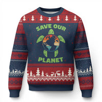 Retro Earth Day Ugly Christmas Sweater Save Our Planet Sea Turtle Recycle Ocean Environment