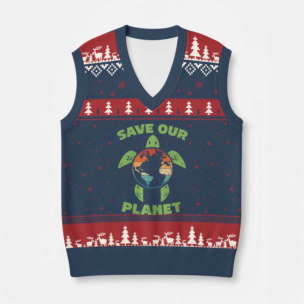 Retro Earth Day V-Neck Knit Sweater Vest Save Our Planet Sea Turtle Recycle Ocean Environment