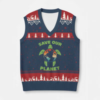 Retro Earth Day V-Neck Knit Sweater Vest Save Our Planet Sea Turtle Recycle Ocean Environment