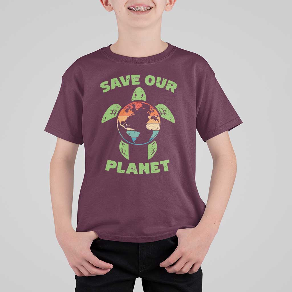 Retro Earth Day T Shirt For Kid Save Our Planet Sea Turtle Recycle Ocean Environment