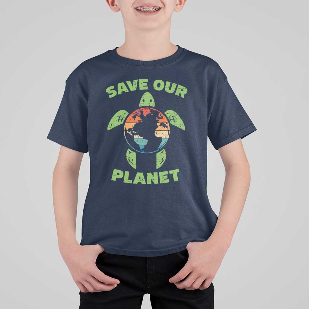 Retro Earth Day T Shirt For Kid Save Our Planet Sea Turtle Recycle Ocean Environment