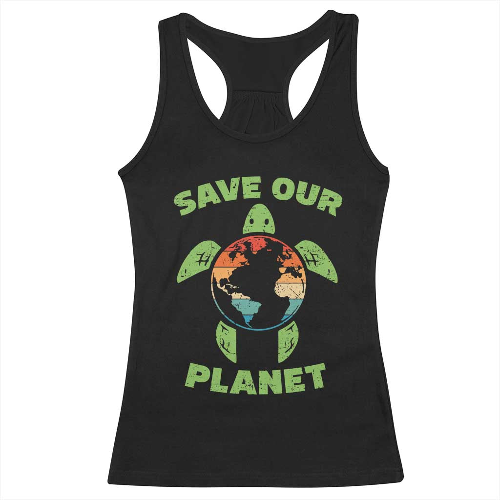 Retro Earth Day Racerback Tank Top Save Our Planet Sea Turtle Recycle Ocean Environment