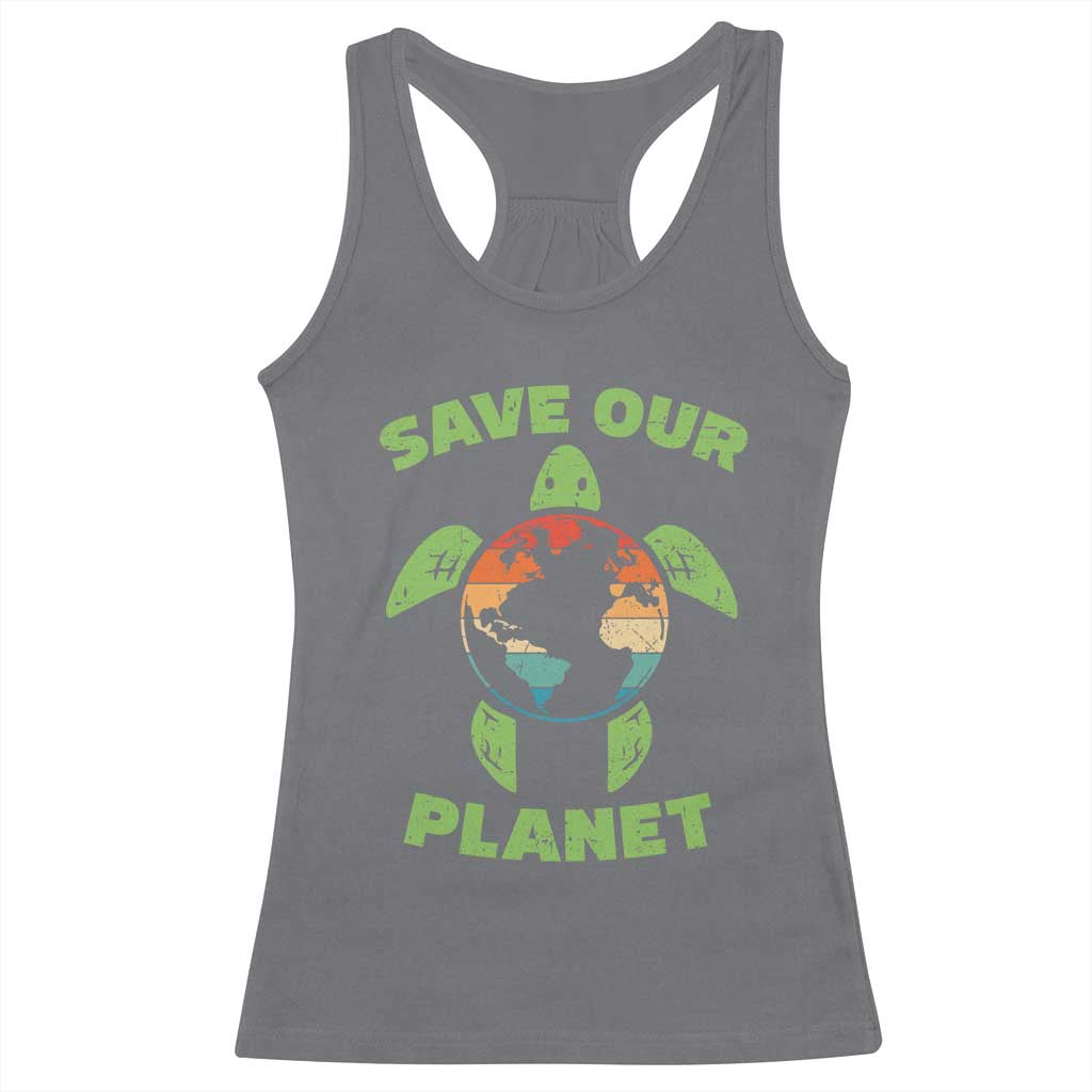 Retro Earth Day Racerback Tank Top Save Our Planet Sea Turtle Recycle Ocean Environment