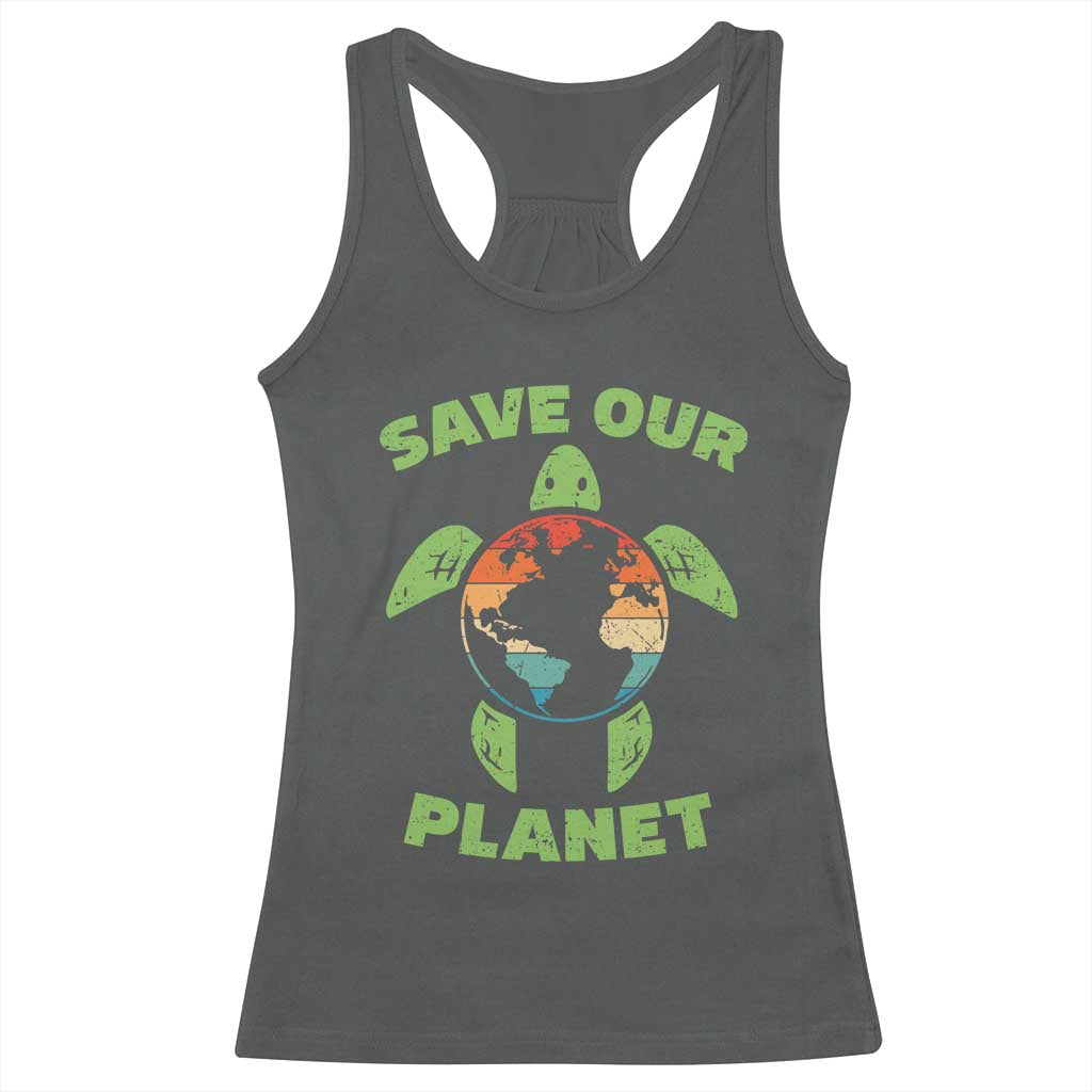 Retro Earth Day Racerback Tank Top Save Our Planet Sea Turtle Recycle Ocean Environment