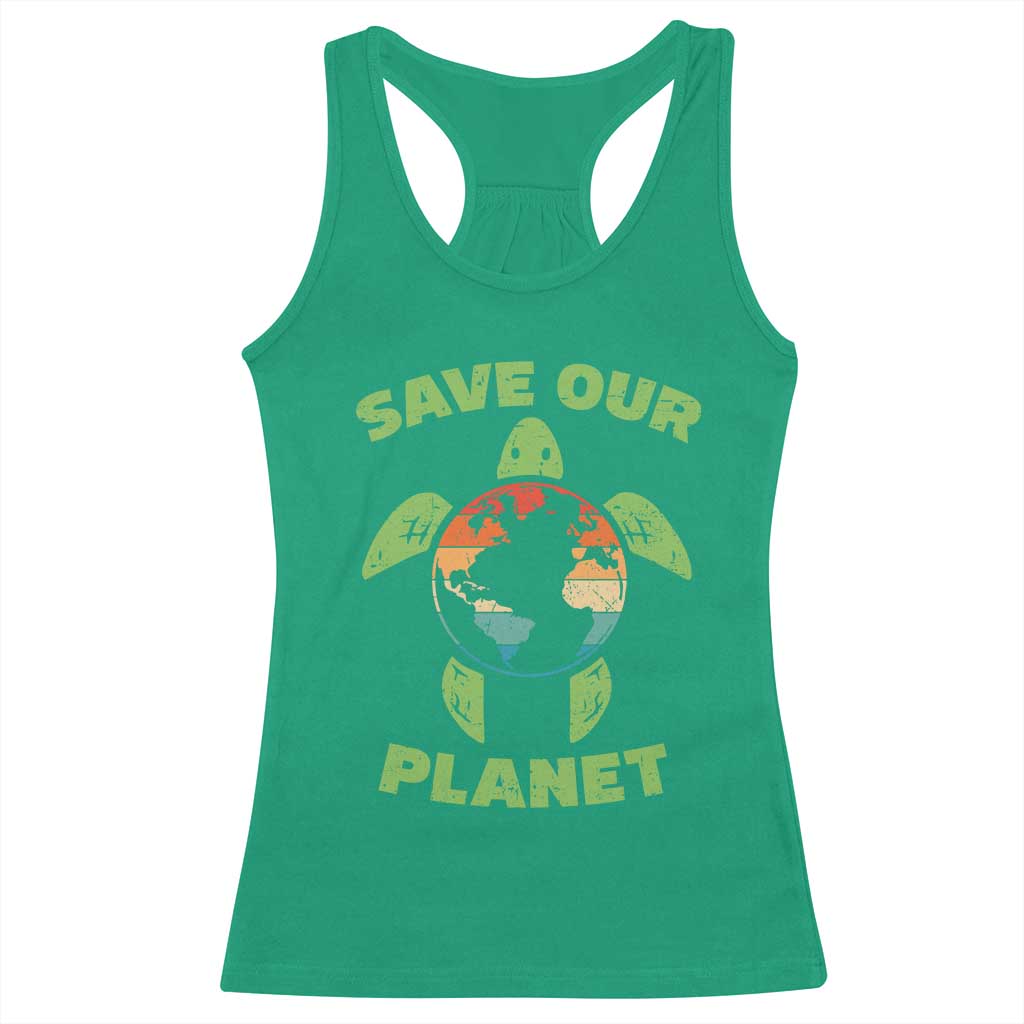 Retro Earth Day Racerback Tank Top Save Our Planet Sea Turtle Recycle Ocean Environment