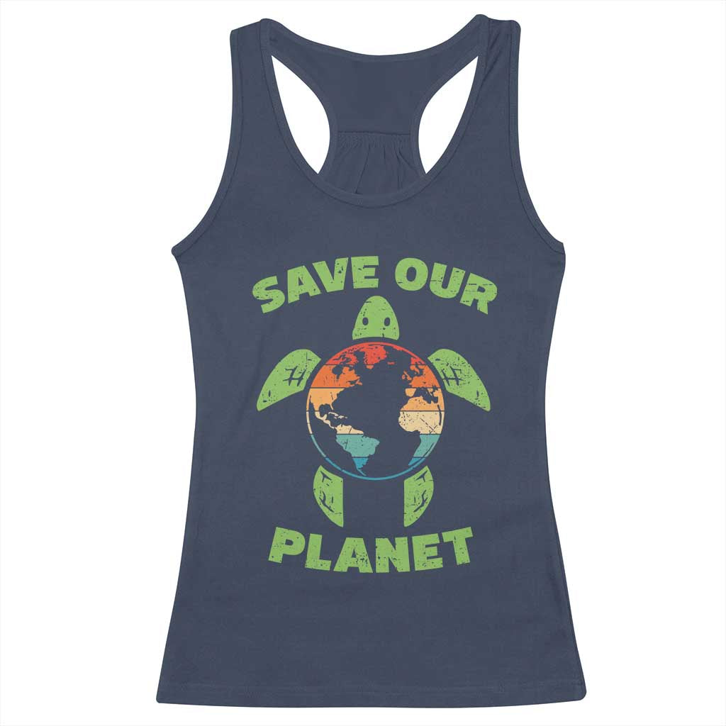 Retro Earth Day Racerback Tank Top Save Our Planet Sea Turtle Recycle Ocean Environment